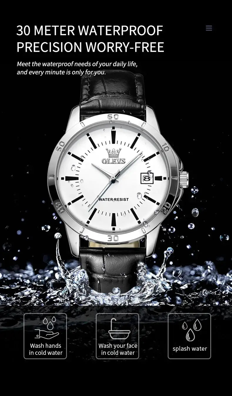 OLEVS men's watch with white dial, leather strap, date window, water resistant