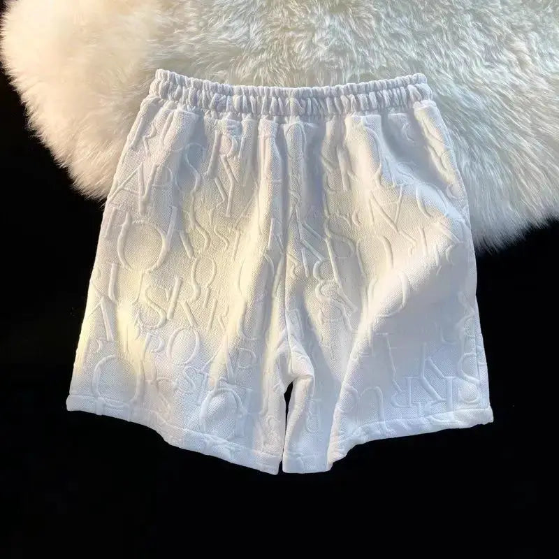 Brand Premium Waffle Casual Shorts for men, white with all-over embossed letter pattern and elastic waist