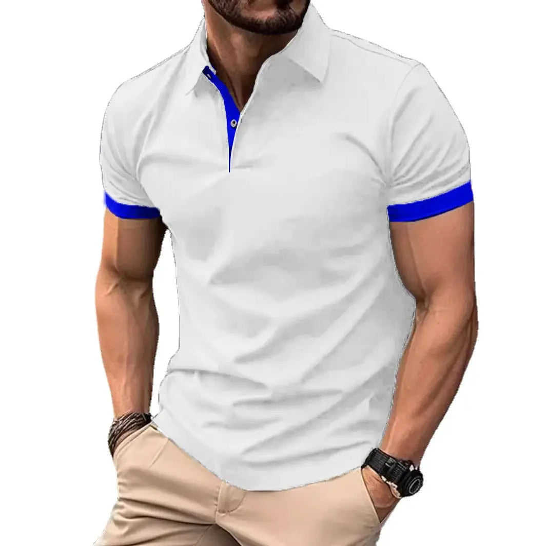 Men's polo shirt, white with blue contrast placket and cuffs, lightweight short-sleeve casual