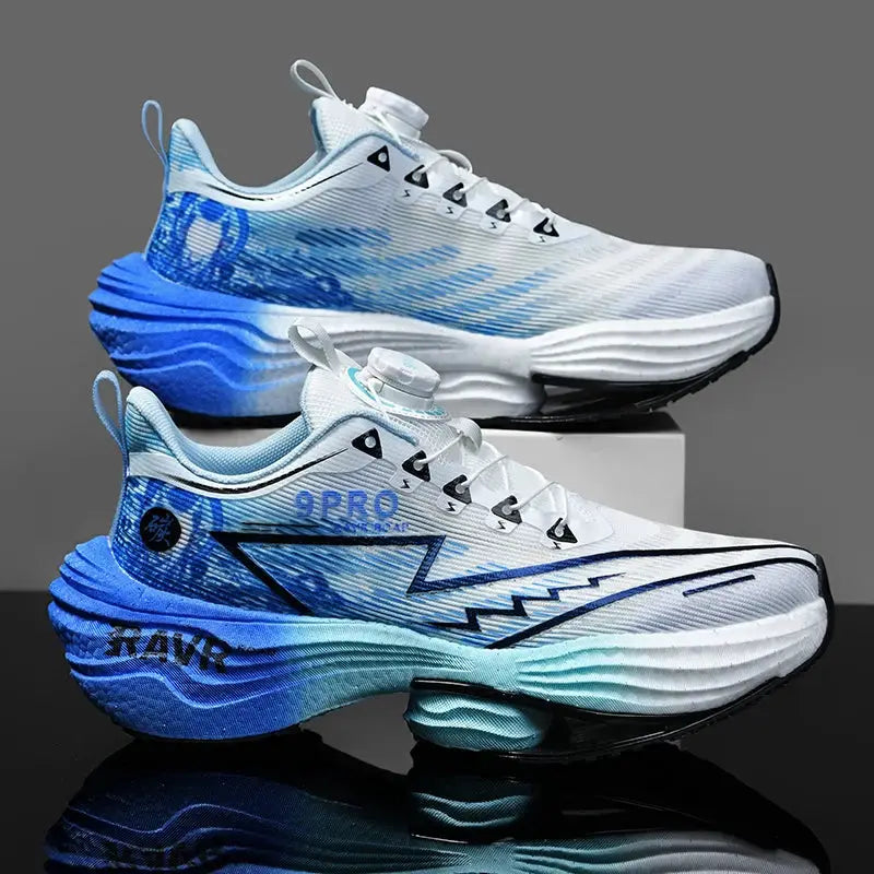 Pair of men's running shoes in white and blue gradient with cushioned midsole and non-slip outsole