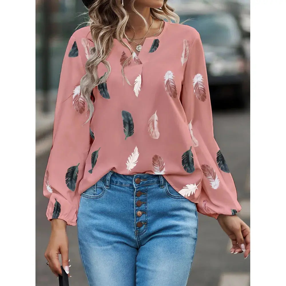 Simples Market pink feather-print chiffon blouse with long sleeves.