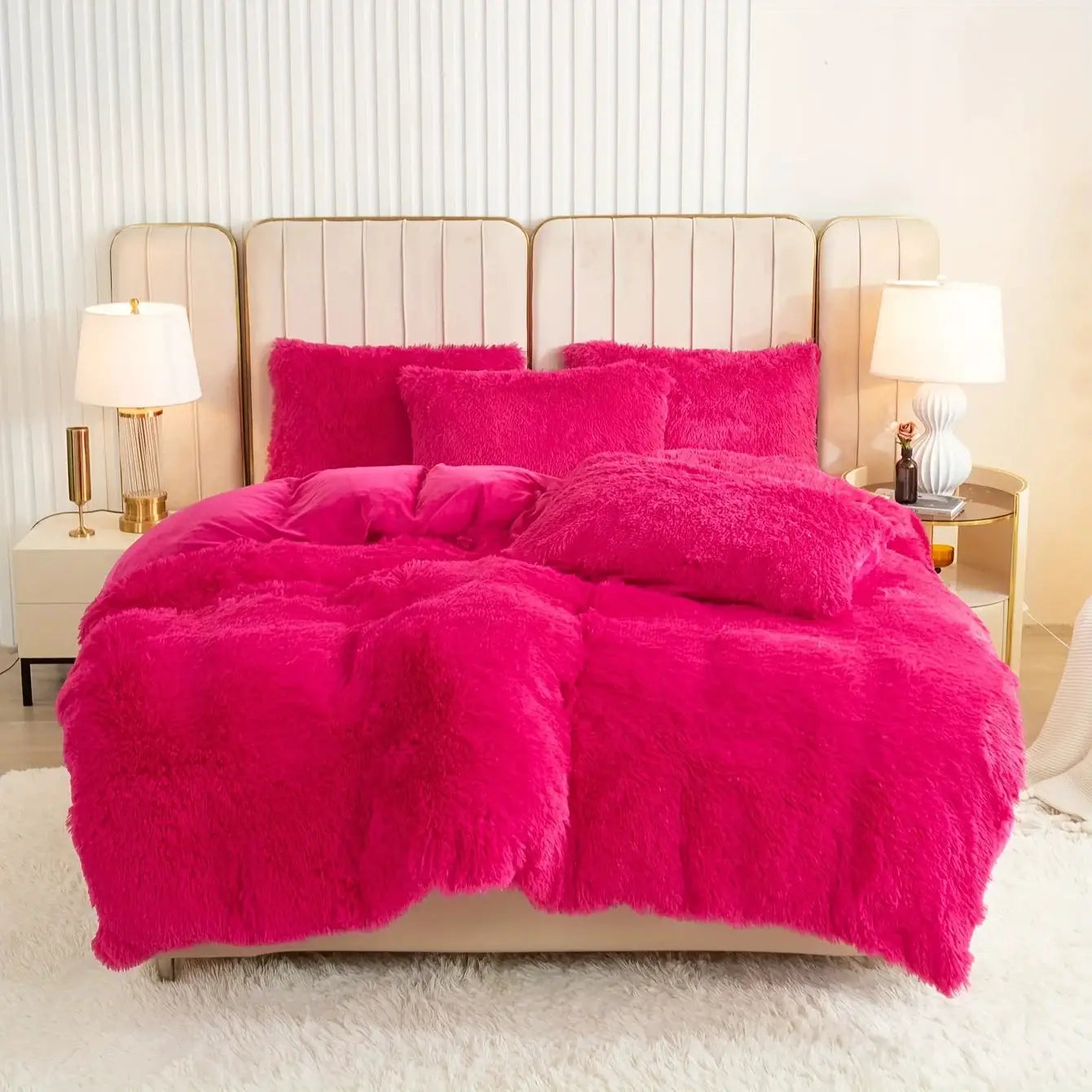 Simples Market 3-Piece Plush Duvet Cover Set in hot pink with fluffy texture on bed