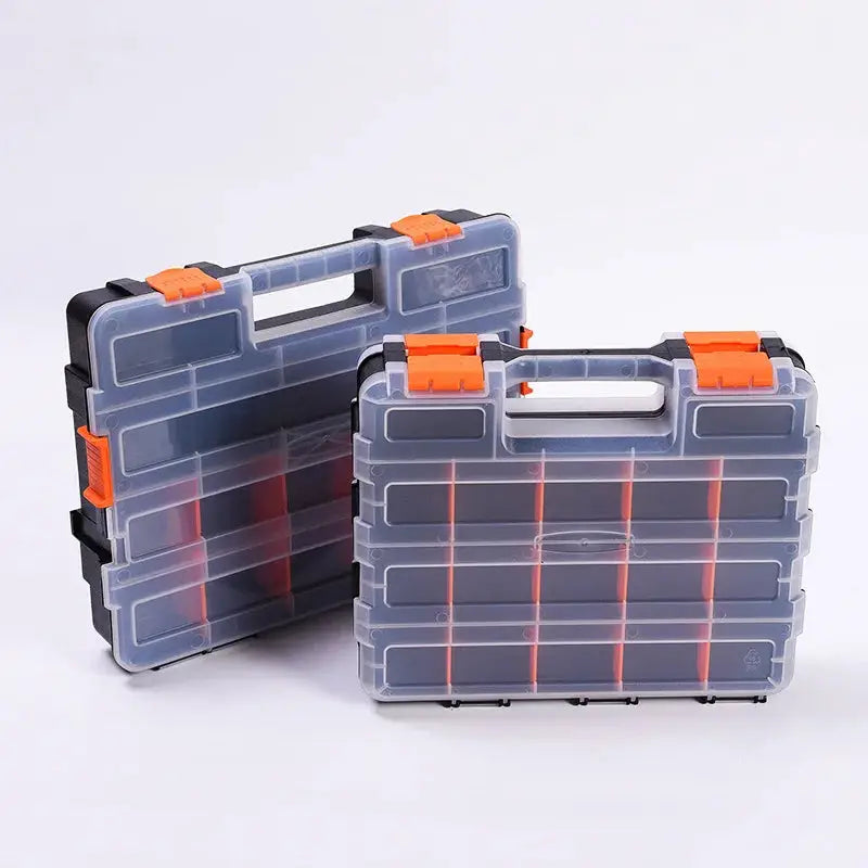 Set of two plastic hardware and parts storage boxes with orange latches from Simples Market