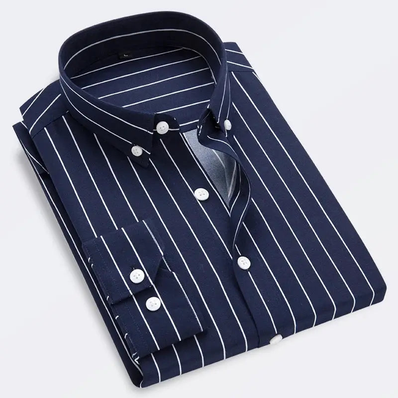 Men's navy striped dress shirt, white vertical stripes, long sleeve, slim fit, button-down collar, 5XL Simples Market