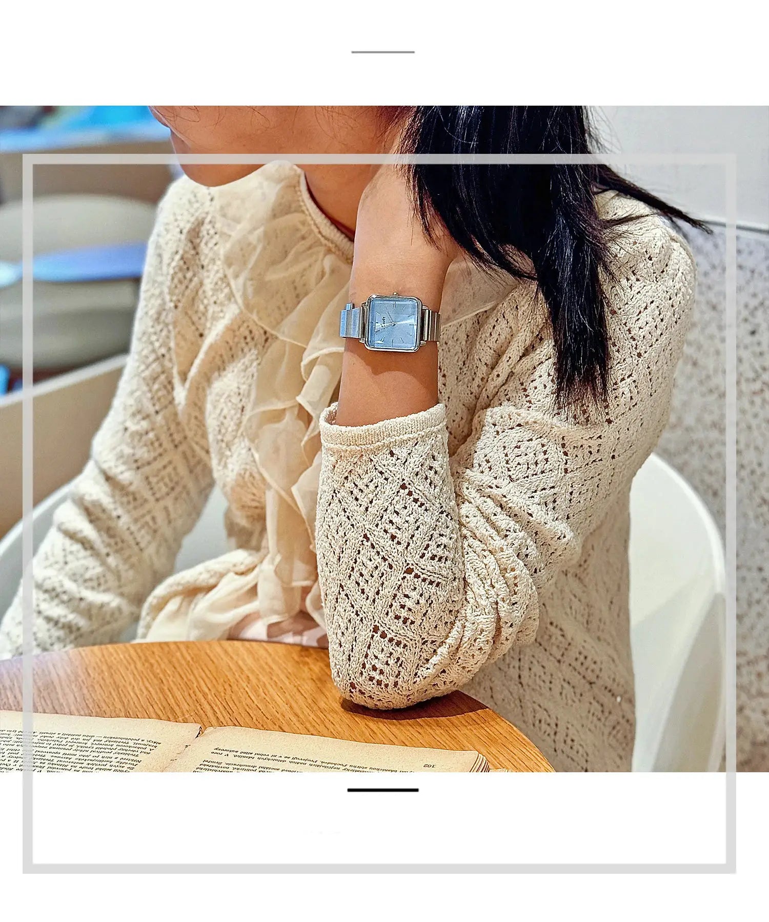 Gold-toned stainless steel square-dial women's watch by Simples Market on the wrist; retro, elegant, casual.