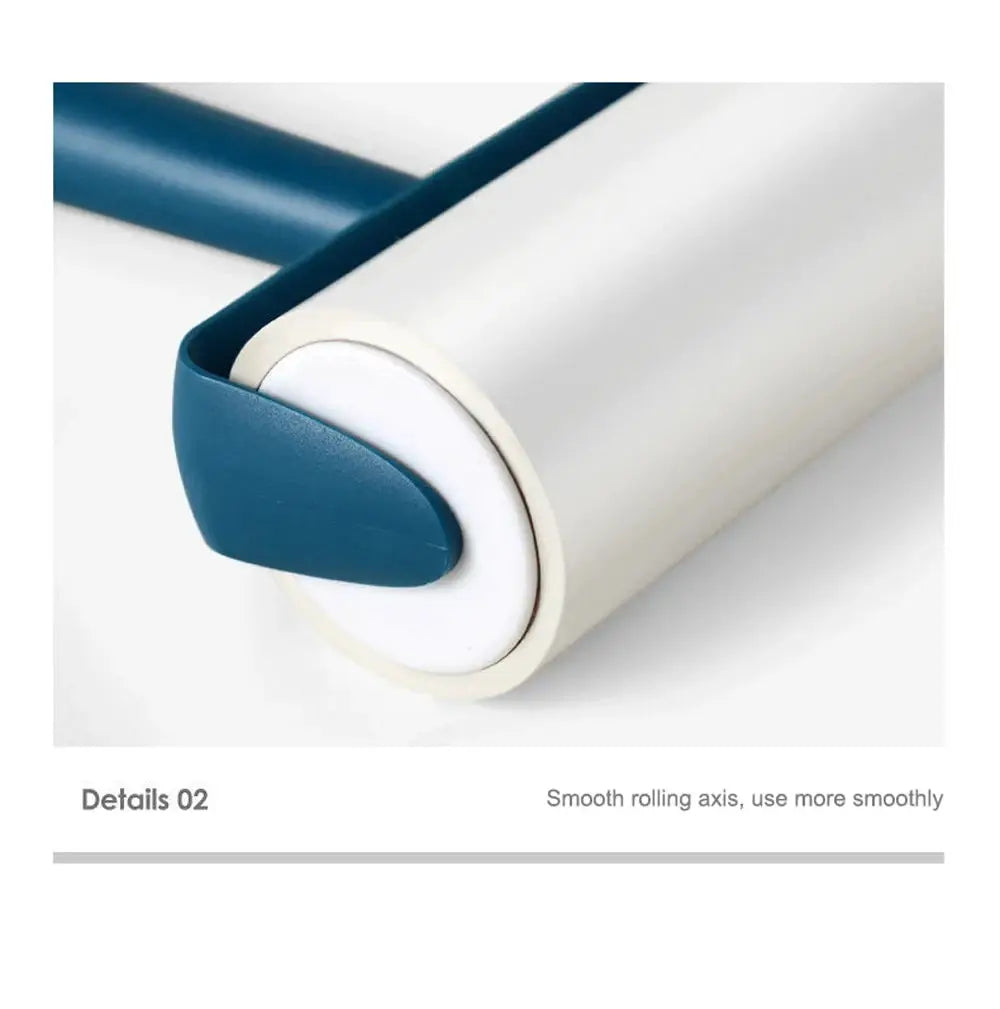 Sticky lint roller with tearable adhesive roll and blue handle for pet hair and clothes cleaning.