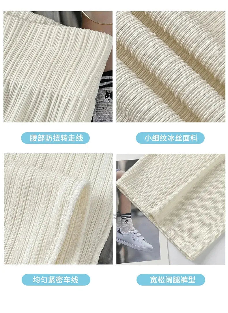 Simples Market cream ice-silk wide-leg pants for women with elastic waist, breathable and relaxed fit.