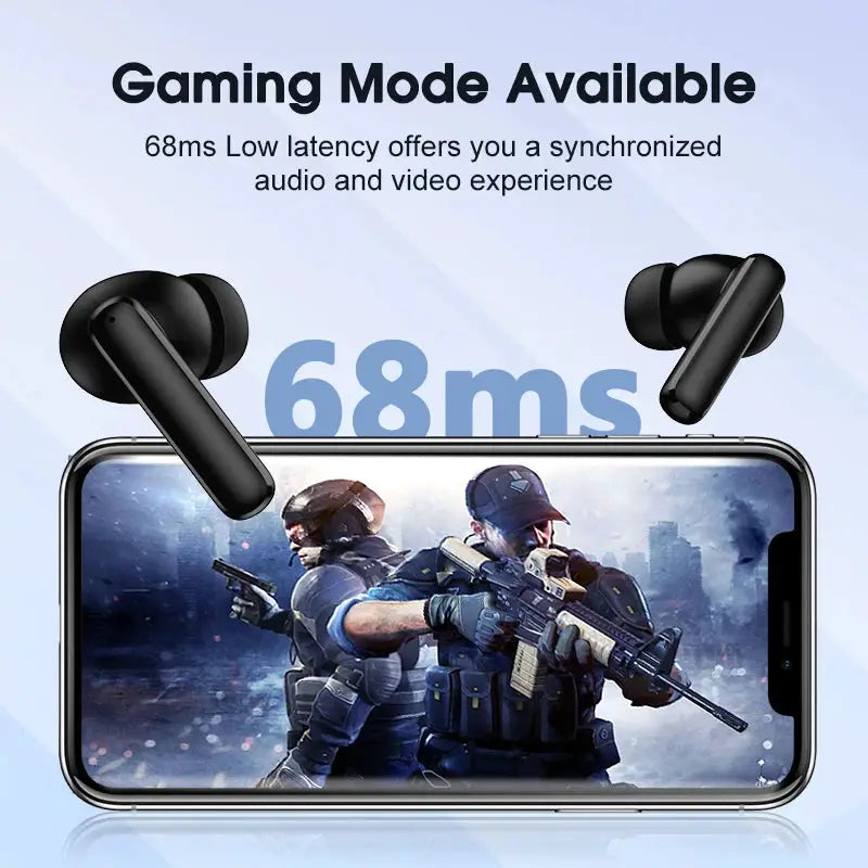 QCY T13 ANC wireless earbuds, black pair with gaming mode displayed on a smartphone