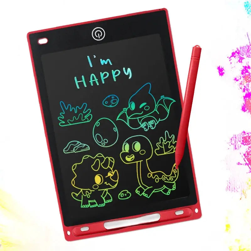 Simples Market 8.5-inch LCD writing tablet in red with stylus; colorful kids' drawings on screen