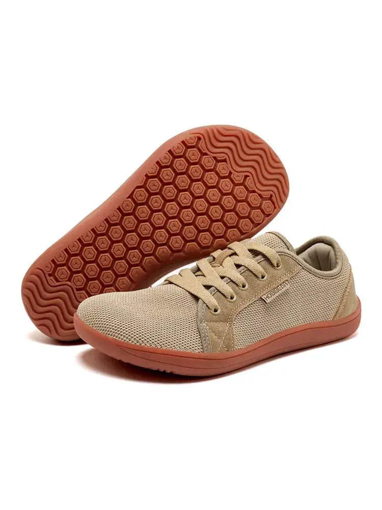 HOBIBEAR wide barefoot shoes, tan mesh sneakers with orange gum sole for unisex outdoor running.