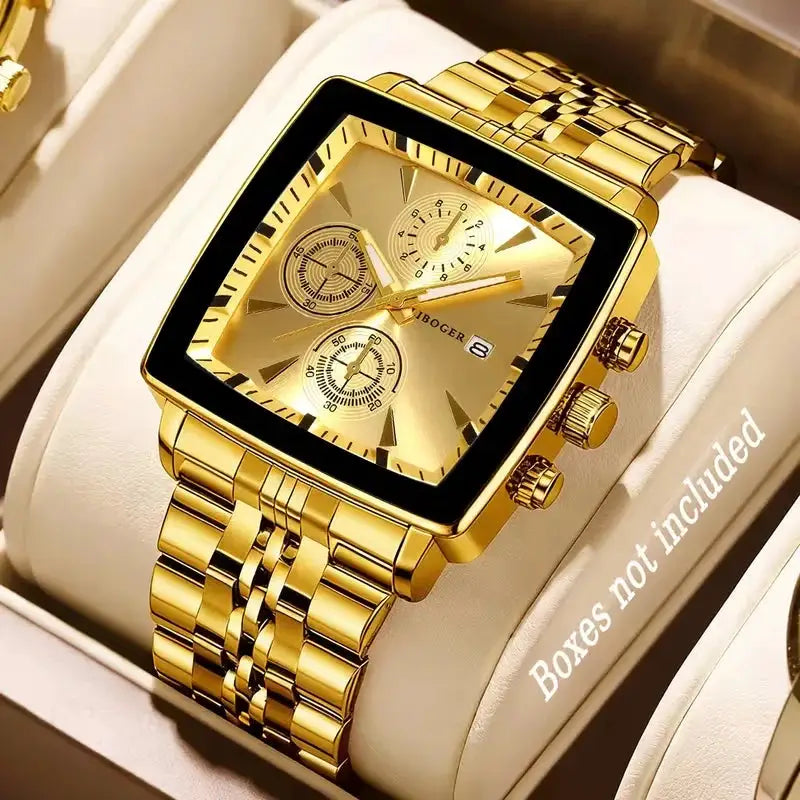 Luxury square-dial men's quartz wristwatch by Simples Market, gold-tone stainless steel with calendar, without box