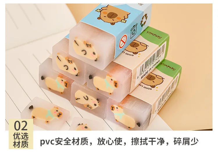 Capybara cartoon erasers by Simples Market, PVC material in sandwich-shaped blocks.