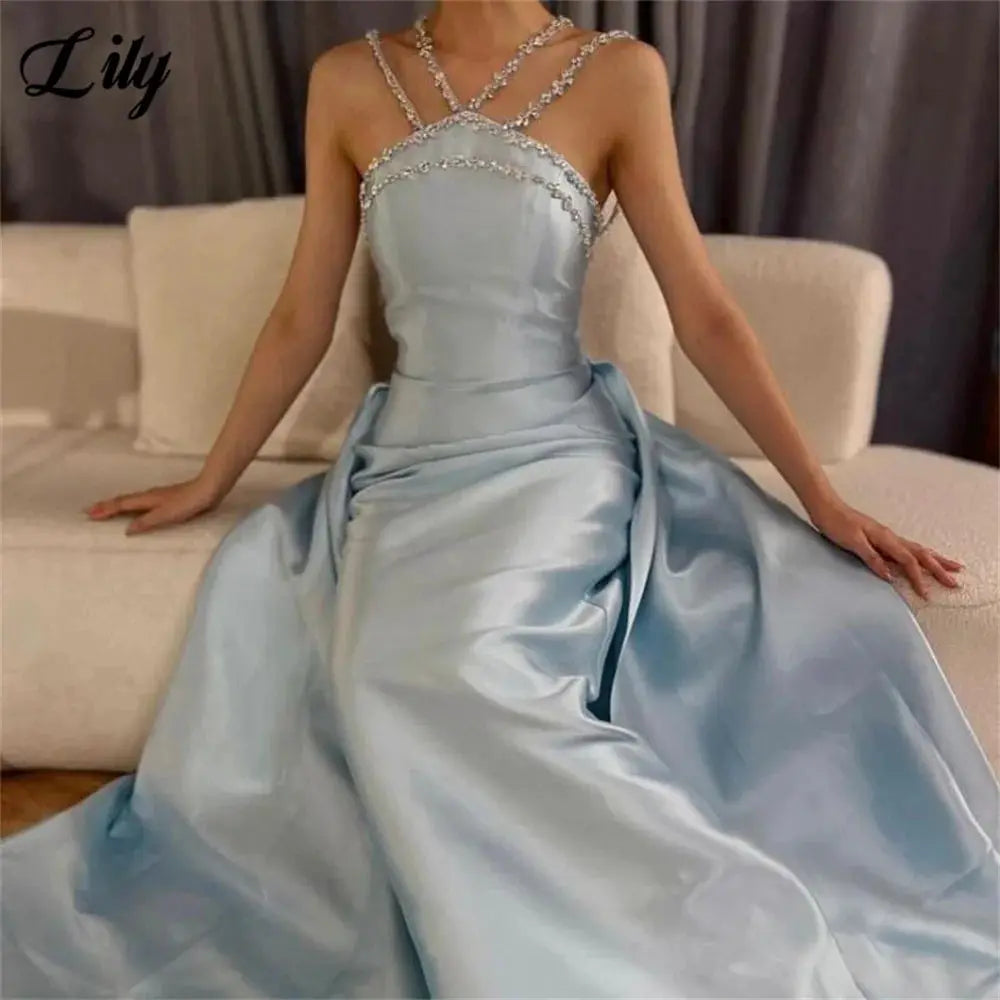 Lily Light Blue Prom Dress With Shiny Beading Halter Detachable Train