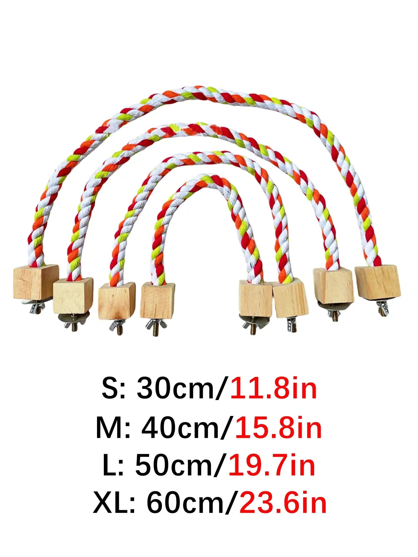 Parrot rope bite toys set; colorful cotton ropes with wooden blocks and metal fasteners, assorted sizes