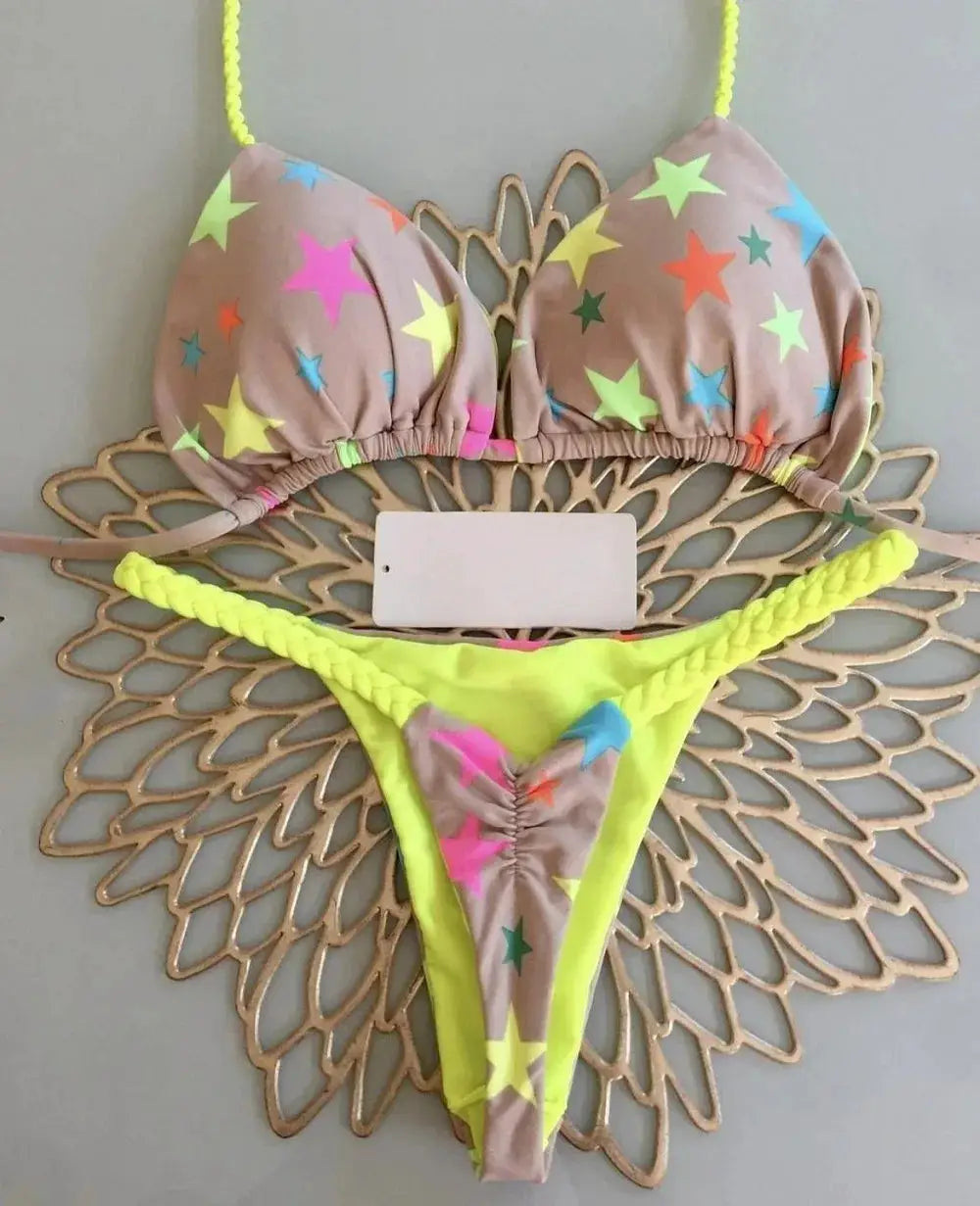 Simples Market women's bikini set with star-print tan top and neon lime bottom, braided side straps.