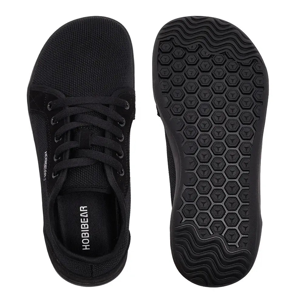 HOBIBEAR barefoot shoes, black unisex trail runners with breathable mesh and hex-pattern outsole.