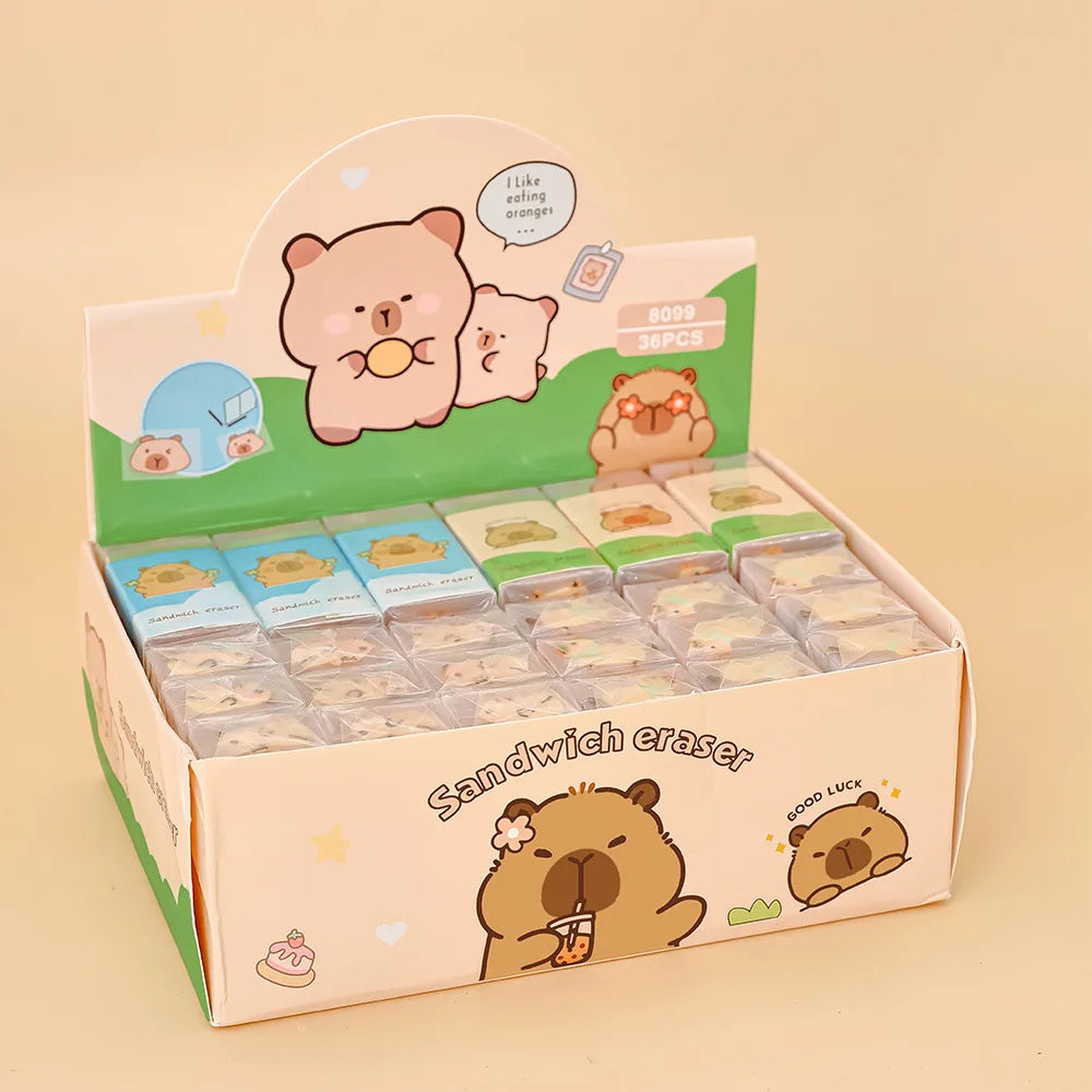 Sandwich eraser set with playful capybara cartoons, 36 pieces by Simples Market