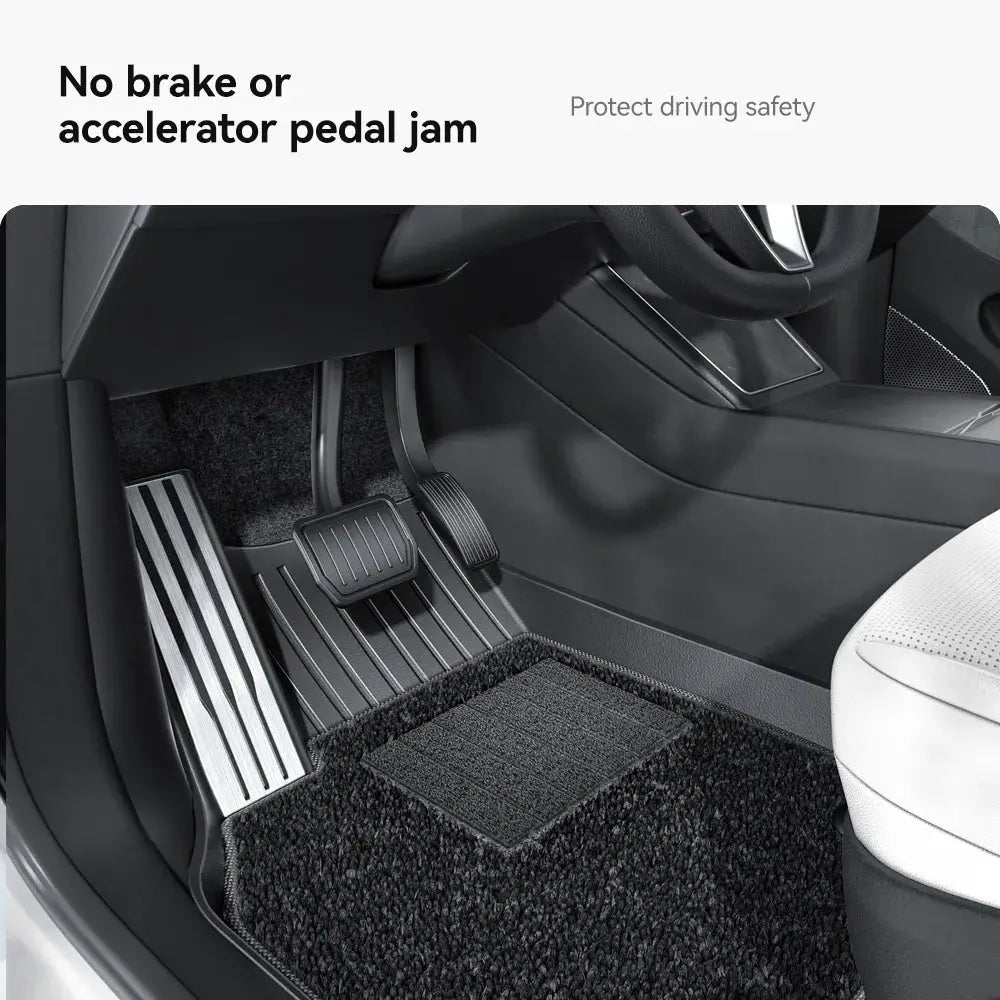 Tesla Model Y floor mat set in Juniper TPE with metal pedals; four-season waterproof luggage trunk mats