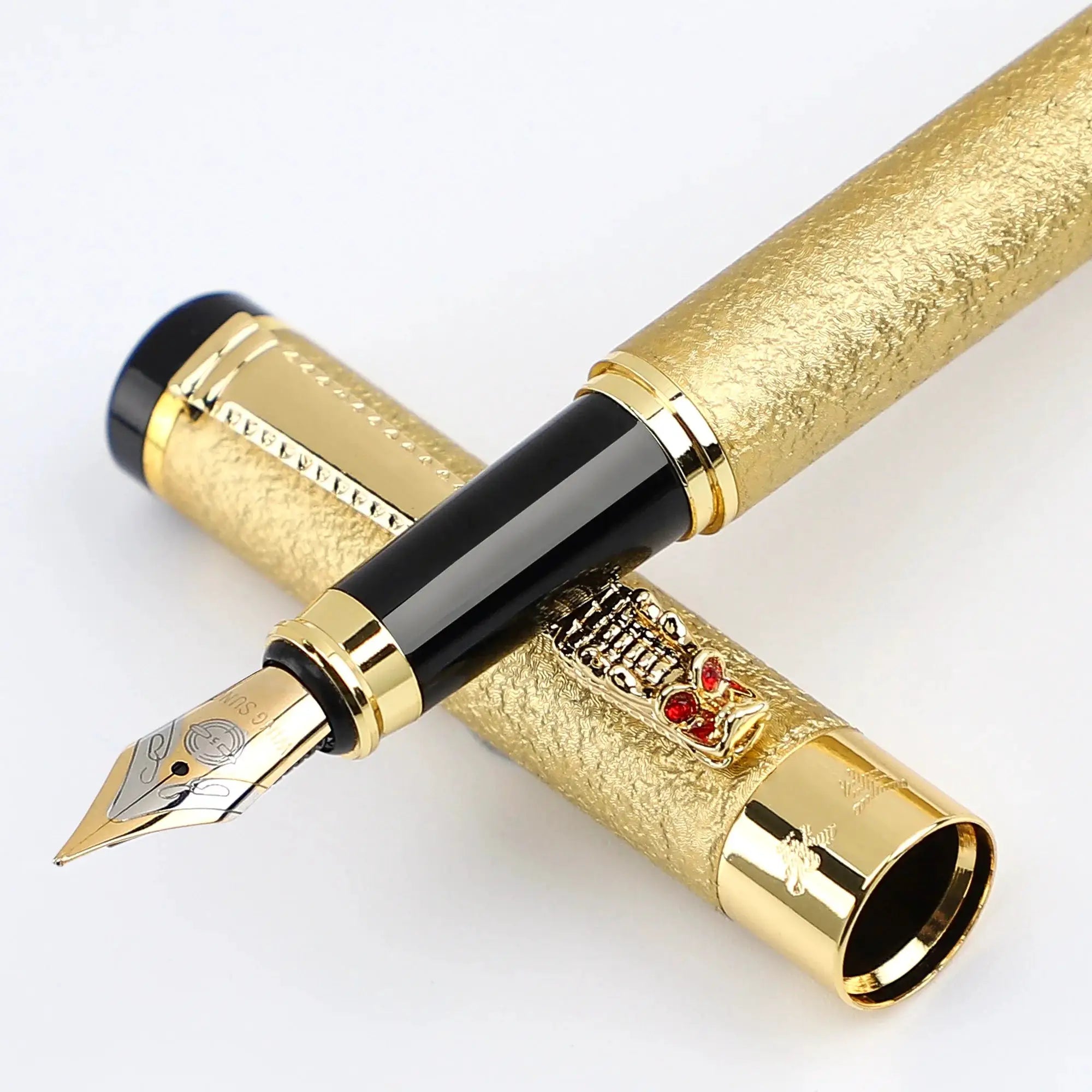 Fountain pens, 2-pack, Simples Market, textured gold barrels with black caps, 0.5mm medium nib