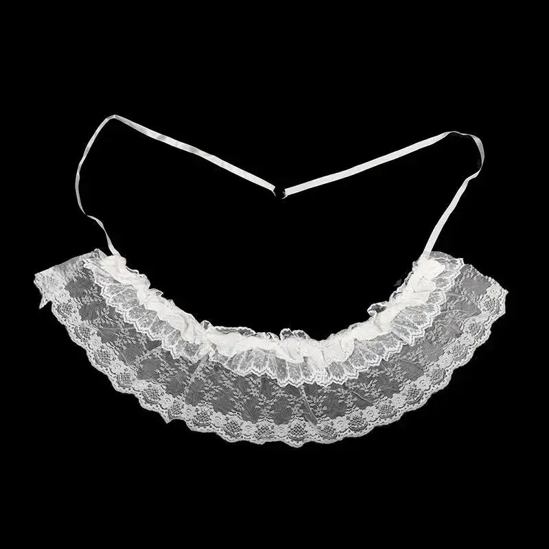 Lace choker with white layered lace and scalloped edges, ribbon ties