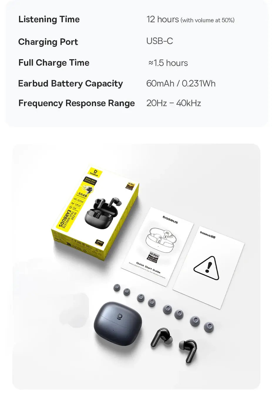 Baseus EP10 Pro ANC Earbuds by Simples Market; wireless Bluetooth 6.0 with blue charging case and yellow box packaging