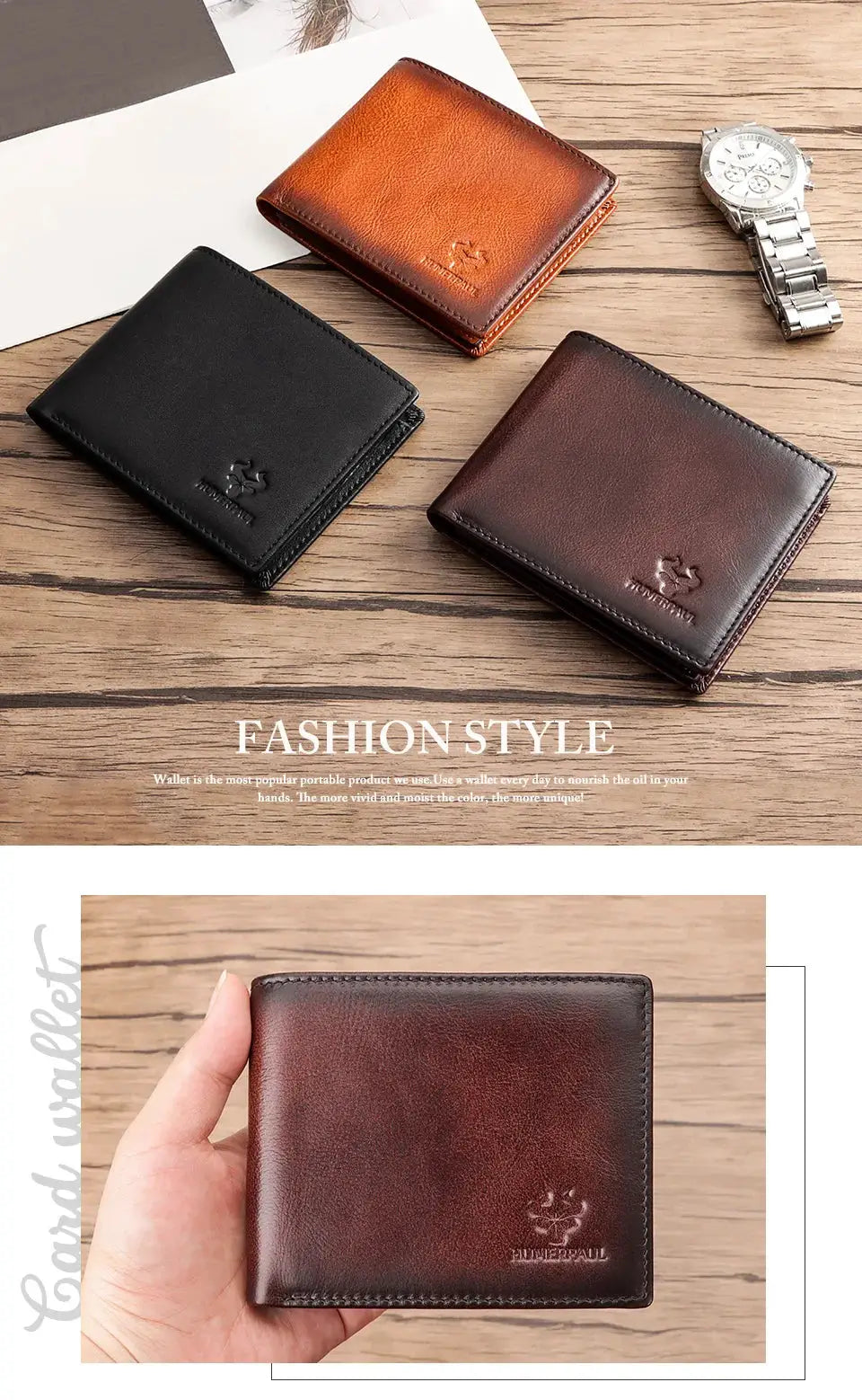 KAVIS handmade men's wallet in genuine leather with RFID card holder and ID window in black, brown, tan Simples Market