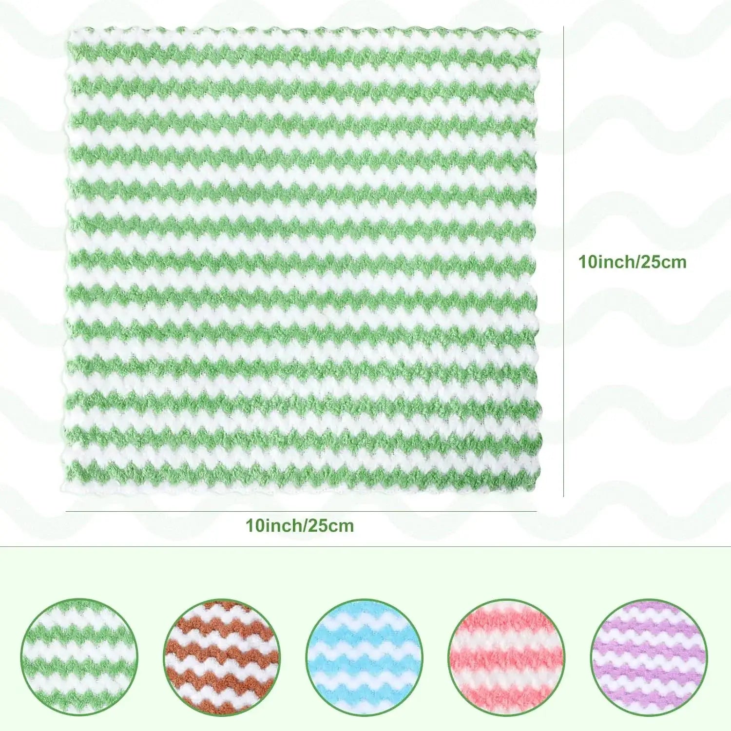 Simples Market green and white striped coral fleece dishcloths, 10-inch kitchen cleaning cloths with multiple color options shown