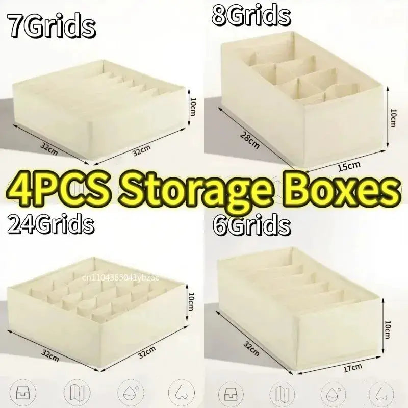 Simples Market 4-piece beige drawer storage boxes with grid compartments for underwear, socks, bras