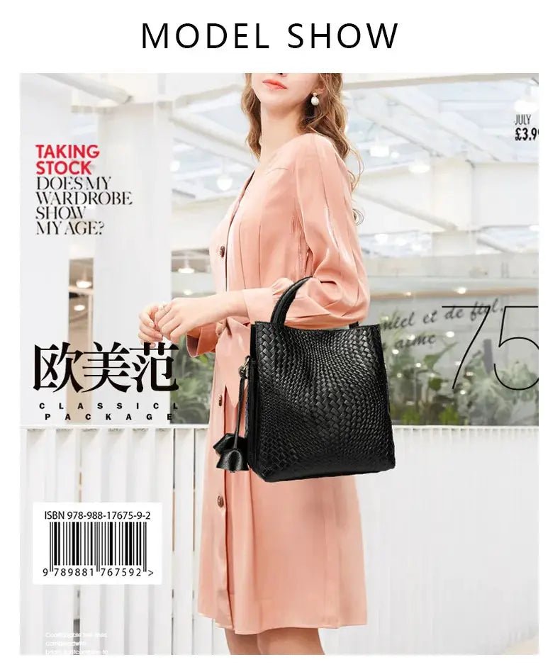Handbag, women's black woven-pattern cowhide by Simples Market for daily commuting