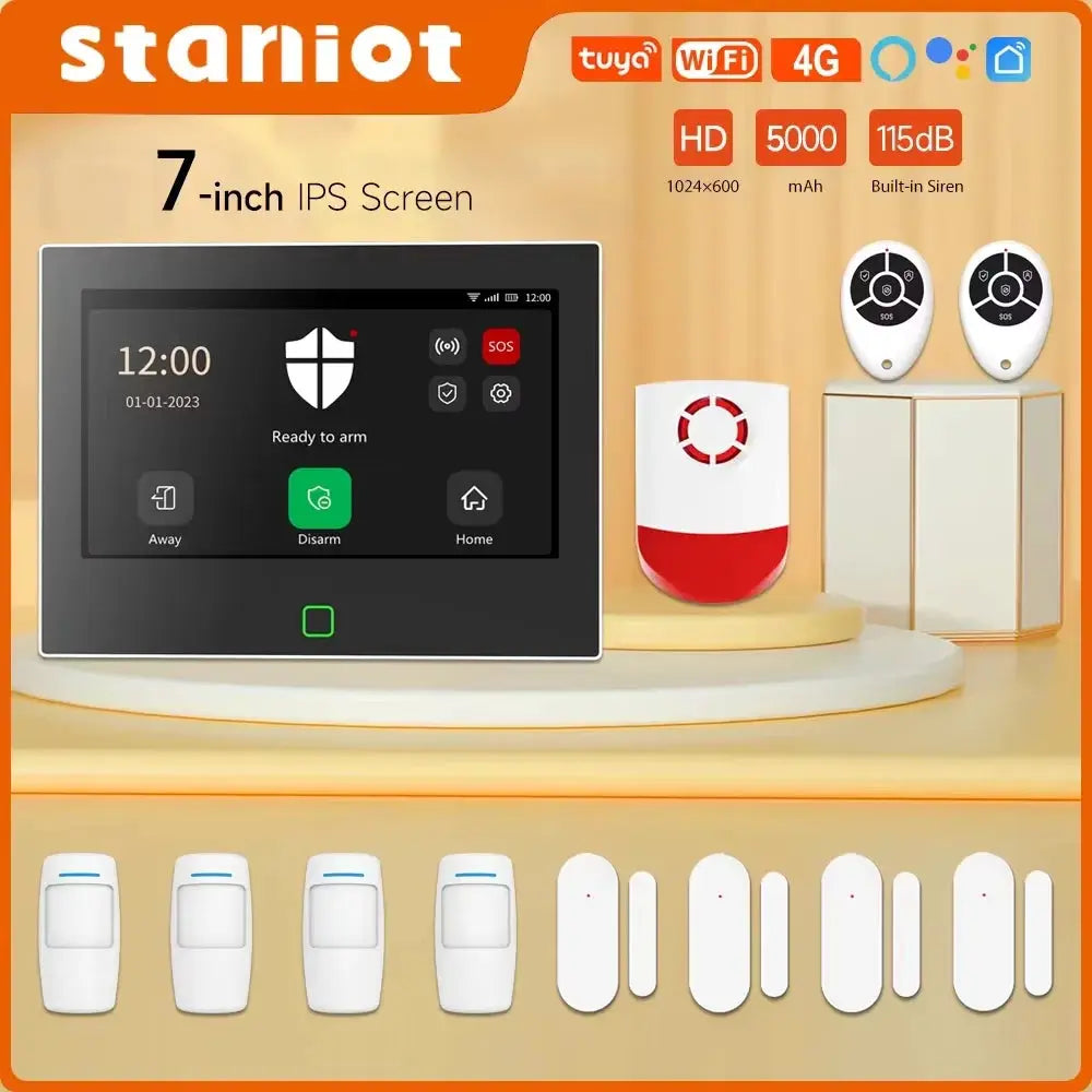 Staniot 7-inch wireless home alarm system by Simples Market with Tuya WiFi 4G, 5000mAh battery and 115dB siren