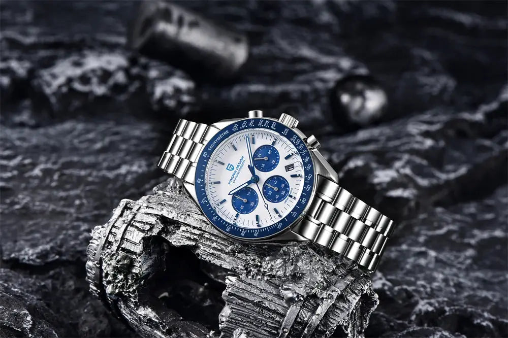 PAGANI DESIGN VK63 men's chronograph watch with stainless steel bracelet and blue ceramic bezel