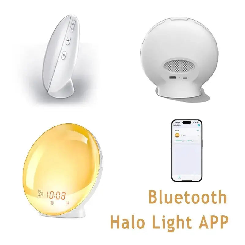 Sunrise alarm clock with yellow sunrise lamp, white base, and Bluetooth Halo Light App by Simples Market