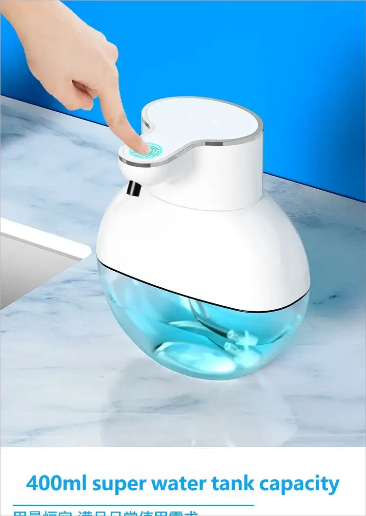 Homefish automatic soap dispenser, white plastic with clear blue liquid reservoir, wall-mounted 400ml capacity
