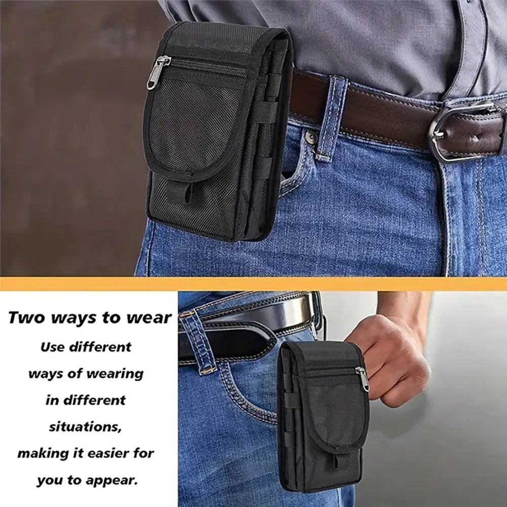 Black tactical outdoor waist bag with MOLLE pouch, front zip pocket, and belt clip