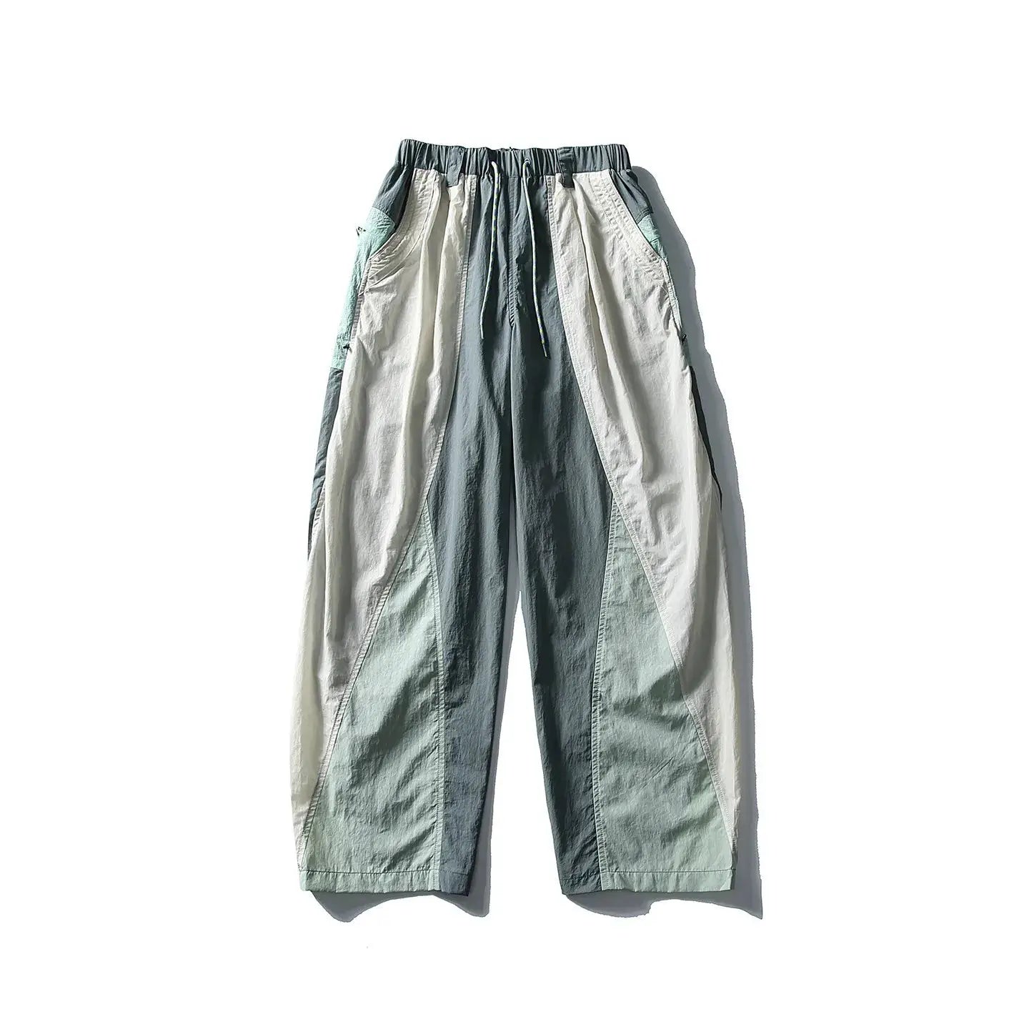 Color-block wide-leg cargo pants with elastic waistband and drawstring in cream, mint and blue-green