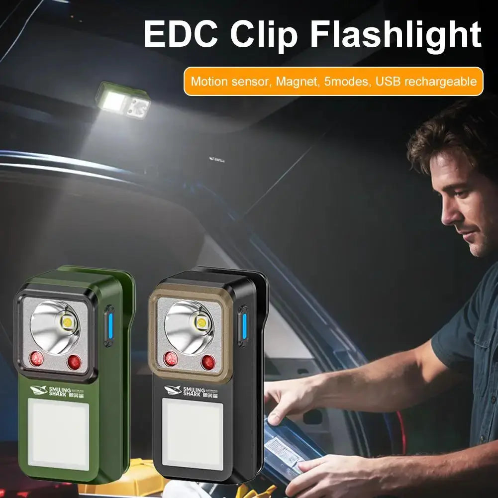 Smiling Shark LED magnetic clip flashlight, USB rechargeable, green and black (2 units)