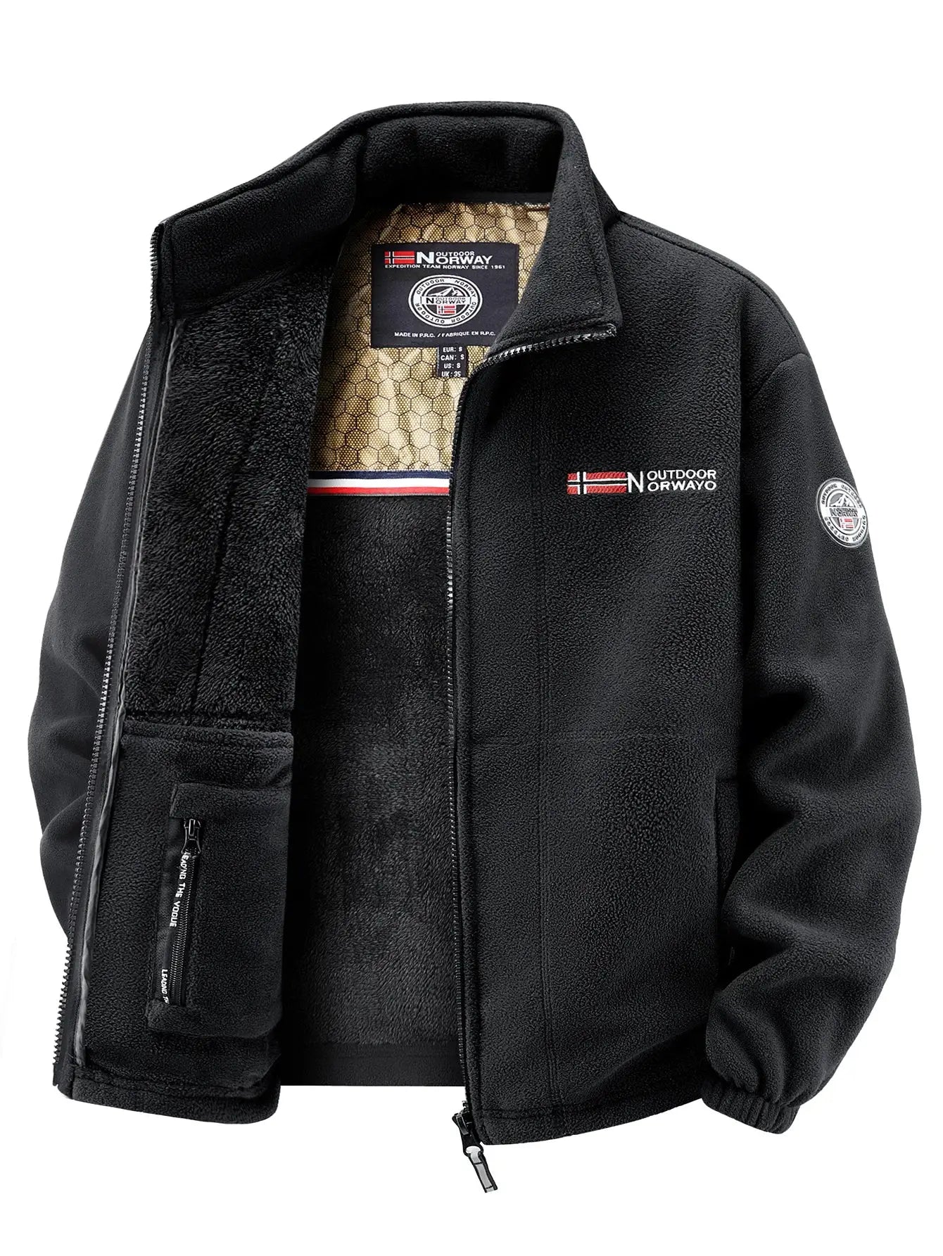 Men's black fleece jacket with Outdoor Norway logo and zip pockets
