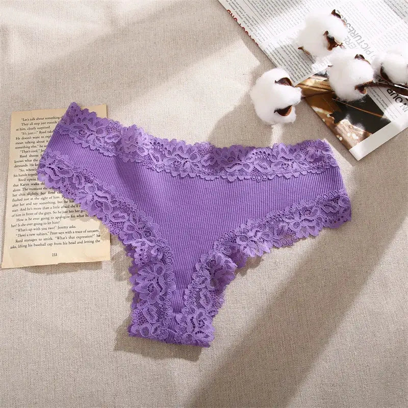 Lavender cotton panty with floral lace trim, bikini brief style