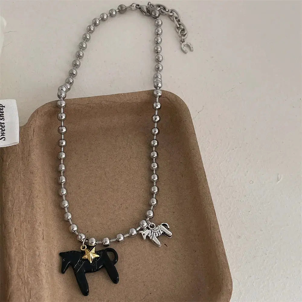 LATS Enamel Colt Horse Pendant Necklace For Women Colorful Silver Plated Alloy Beads Chain Choker