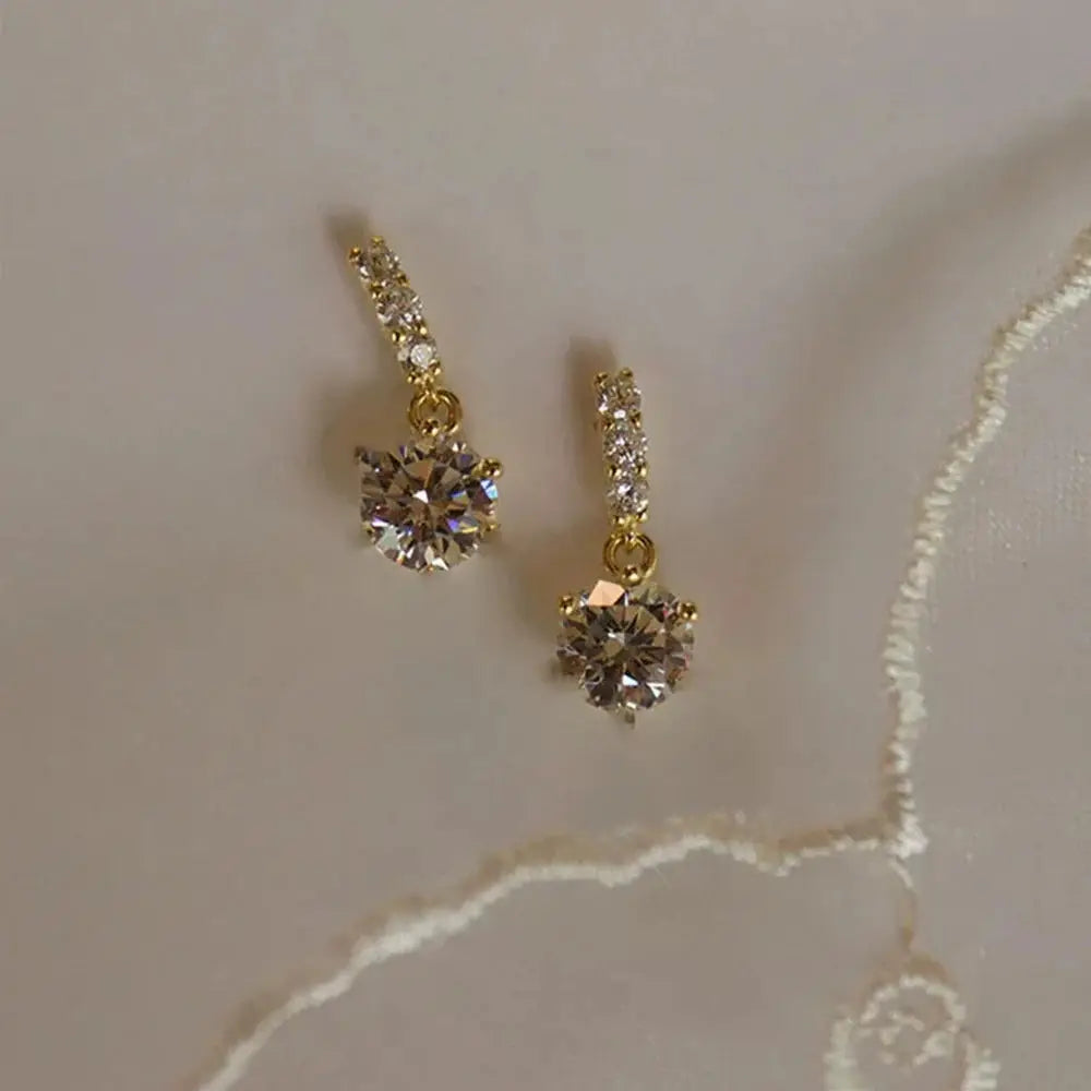 Gold Color Metal Bar Round Cubic Zirconia Stud Earrings For Women Bowknot Shape CZ Post Earring Classic Sparkling