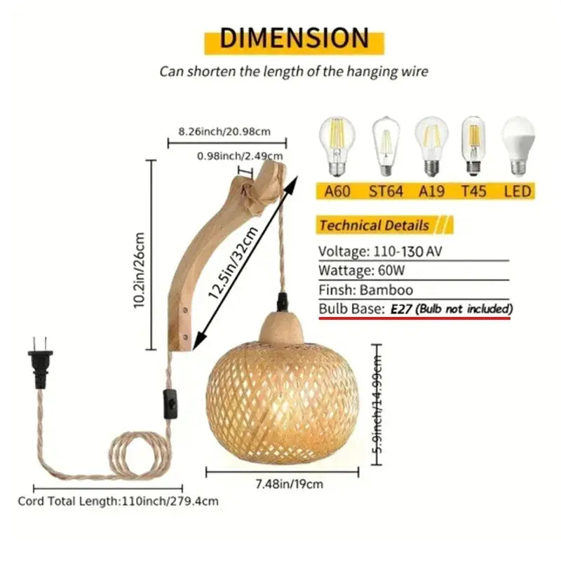 Bamboo lantern wall lamp, natural hand-woven rattan wicker, E27 bulb base