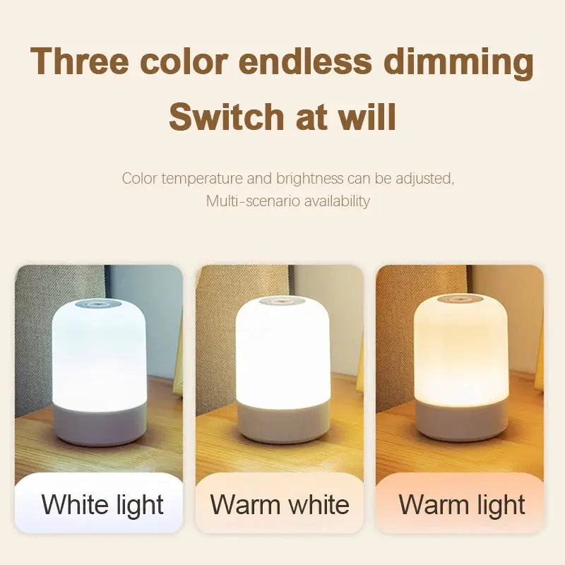 Simples Market LED night light with touch dimming; three bedside lamps shown in white light, warm white, and warm light.