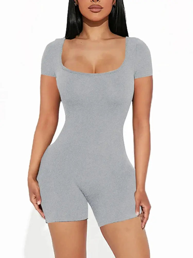 Women's jumpsuit solid gray polyester, U-neck, short-sleeve one-piece Simples Market