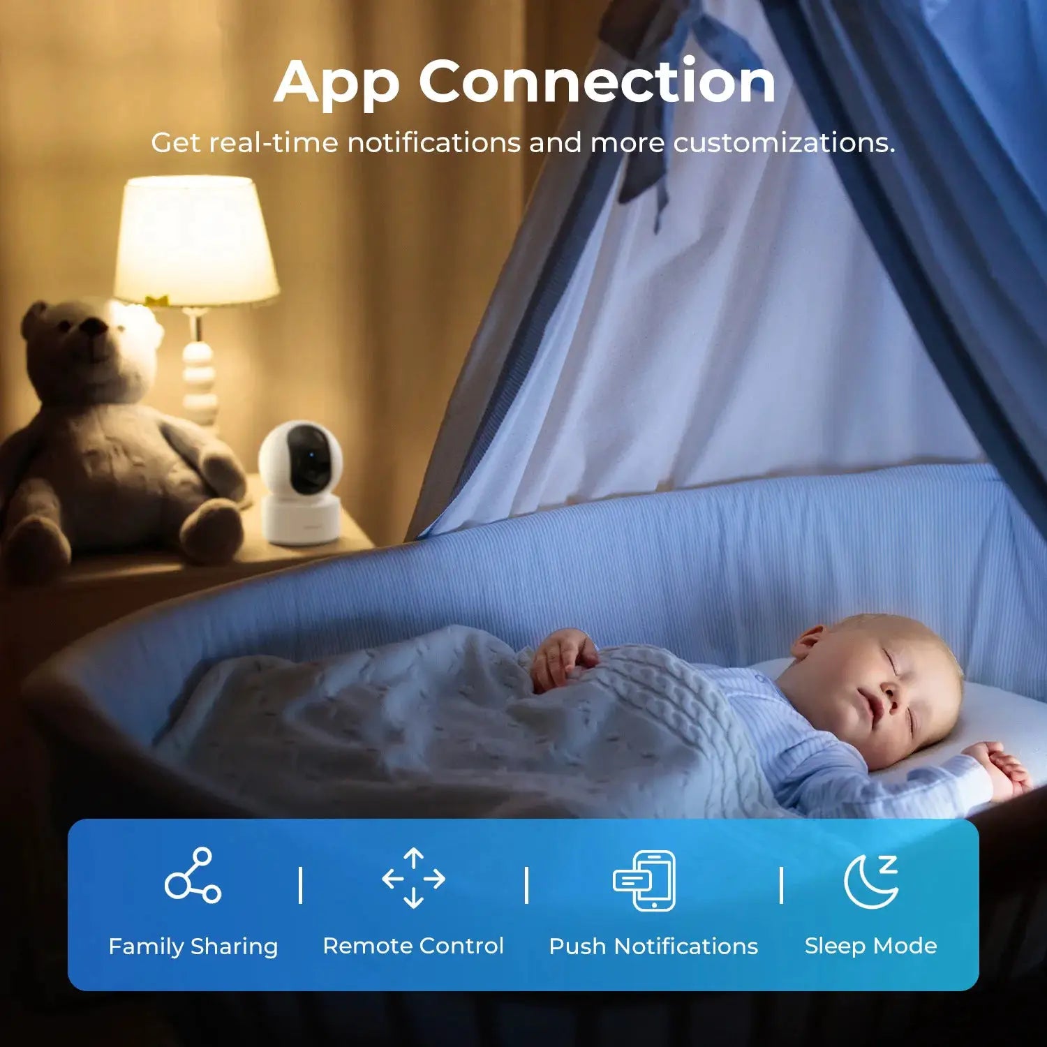 IMILAB C21 WiFi baby monitor camera in white sits on a table beside a sleeping baby in a blue bassinet.