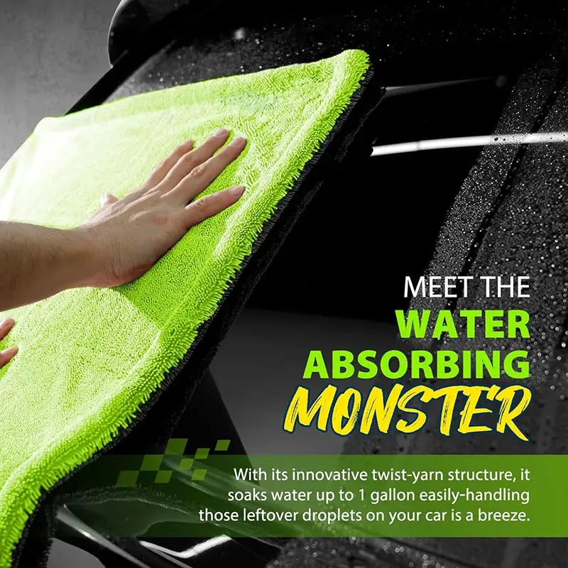 Oversized neon green 1400GSM car drying towel, 60x120cm, double-sided microfibre, super absorbent