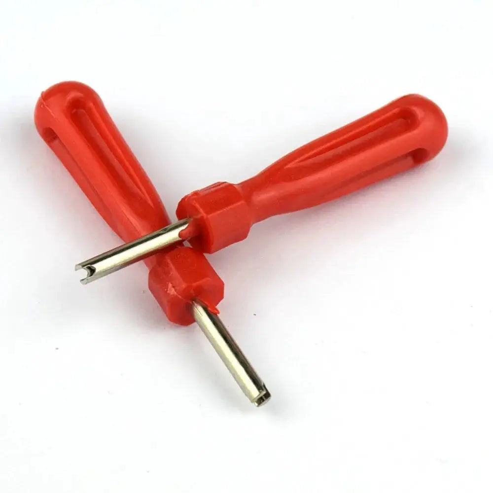 Valve core removal tools set, two red-handled wrenches with metal tips
