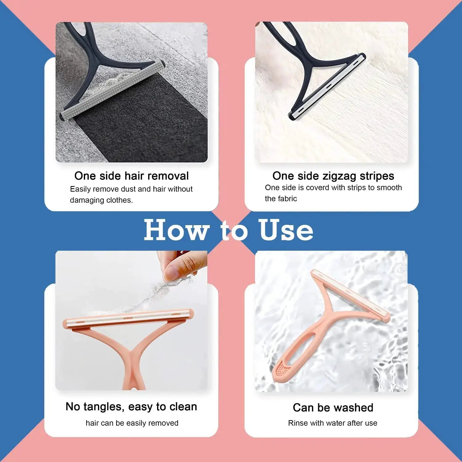 Simples Market silicone double-sided pet hair remover pink handle; washable lint shaver for clothes.