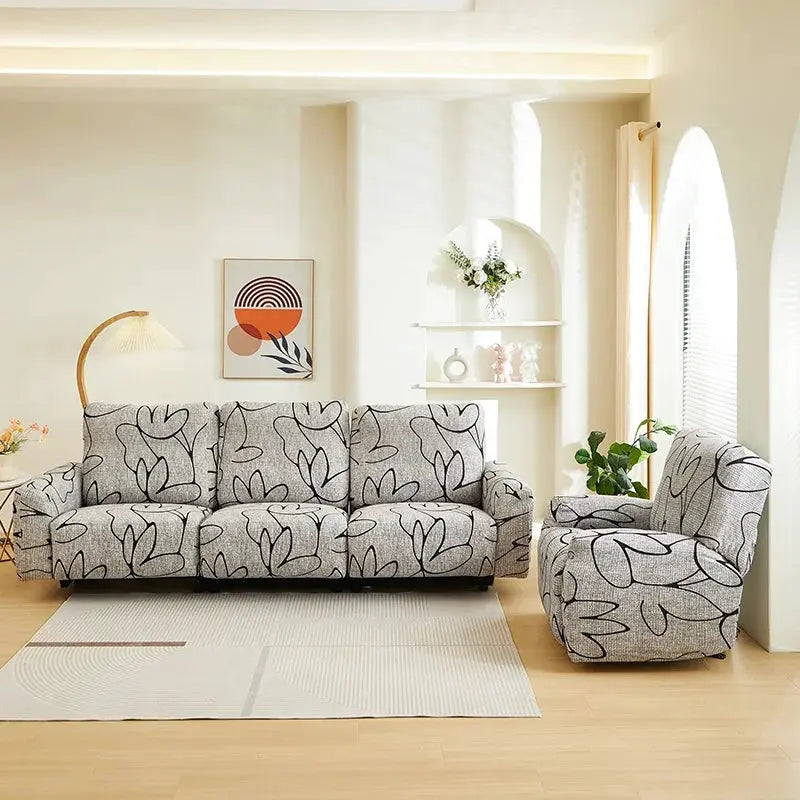 Two-piece elastic sofa cover set for 3-seat sofa and armchair with gray printed leaf pattern