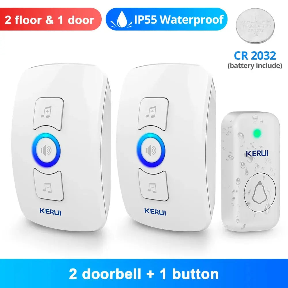 KERUI wireless doorbell set: two white doorbells with blue LED ring and waterproof button (IP55) - 2 doorbells + 1 button