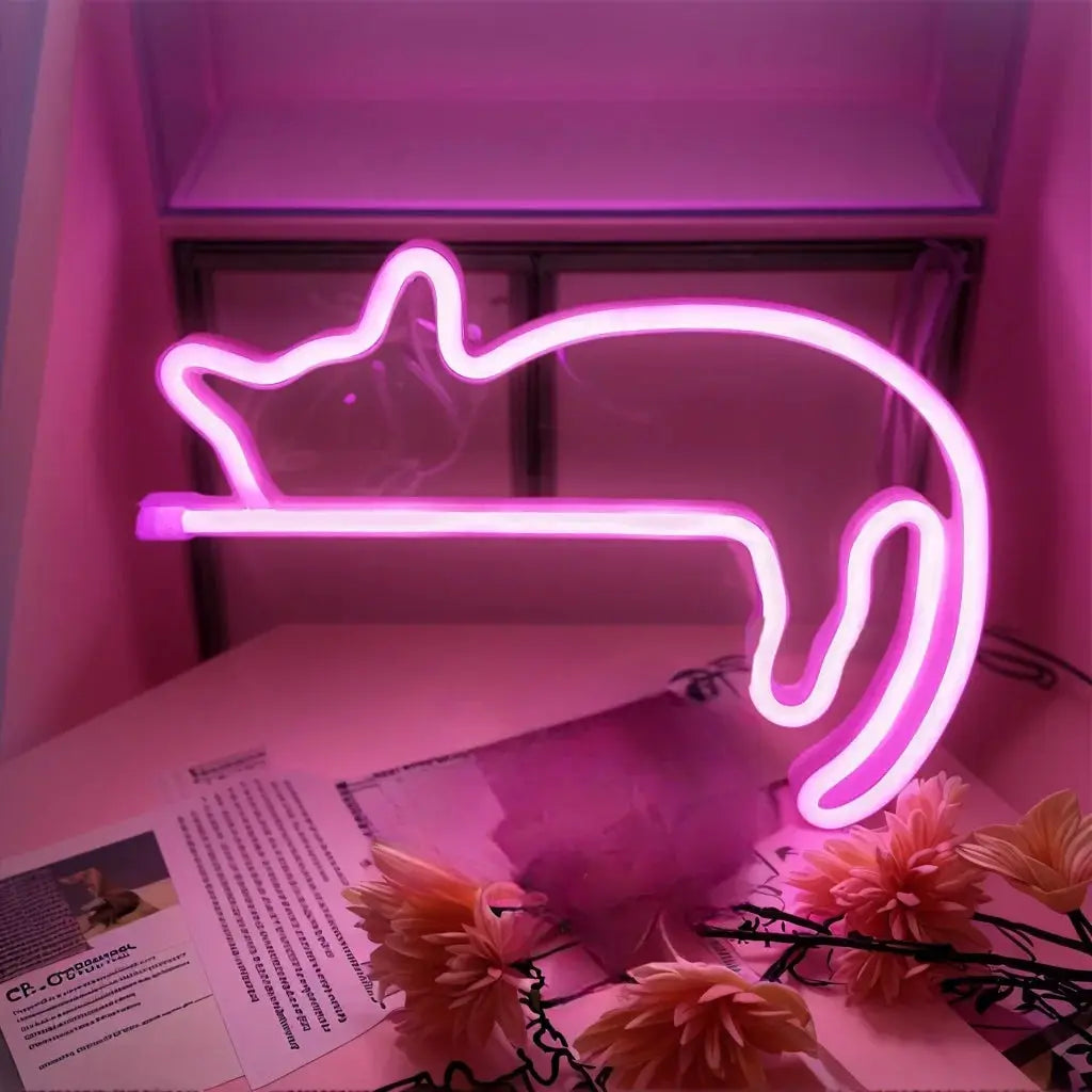 Decorative pink neon light in abstract curved silhouette, USB or battery powered, wall decor for modern art ambiance.